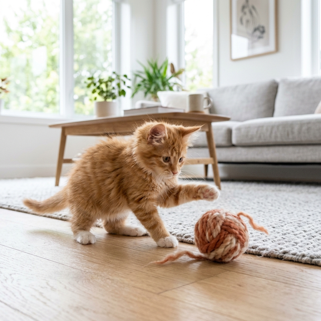 Playful ginger kitten batting ball