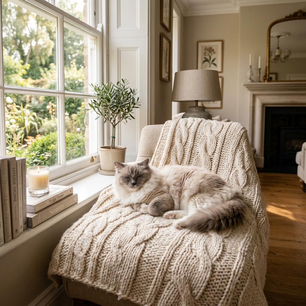 Fluffy ragdoll cat resting near window