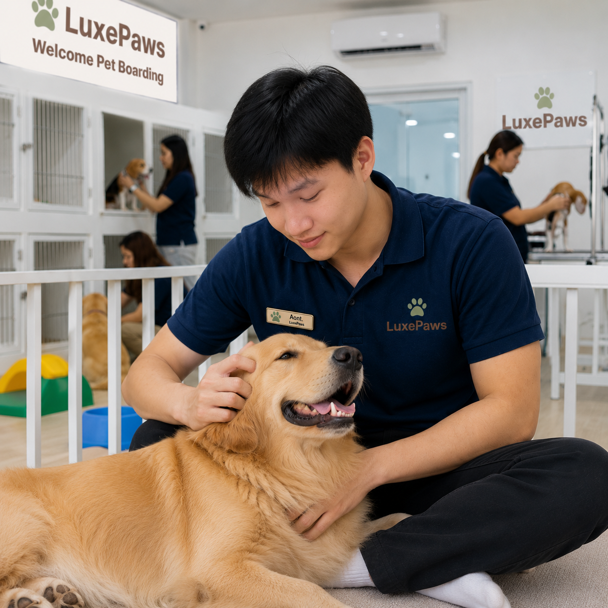 Happy pets with caregiver